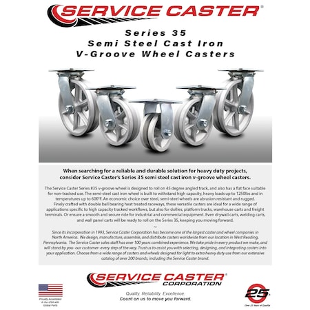 Service Caster 8 Inch V Groove Semi Steel Caster Set with Roller Bearings and Swivel Locks SCC SCC-35S820-VGR-BSL-4